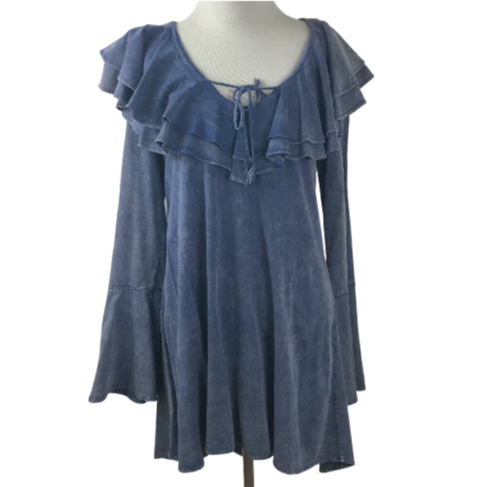 Blue Ruffle Neck Long-Sleeve Women's Top